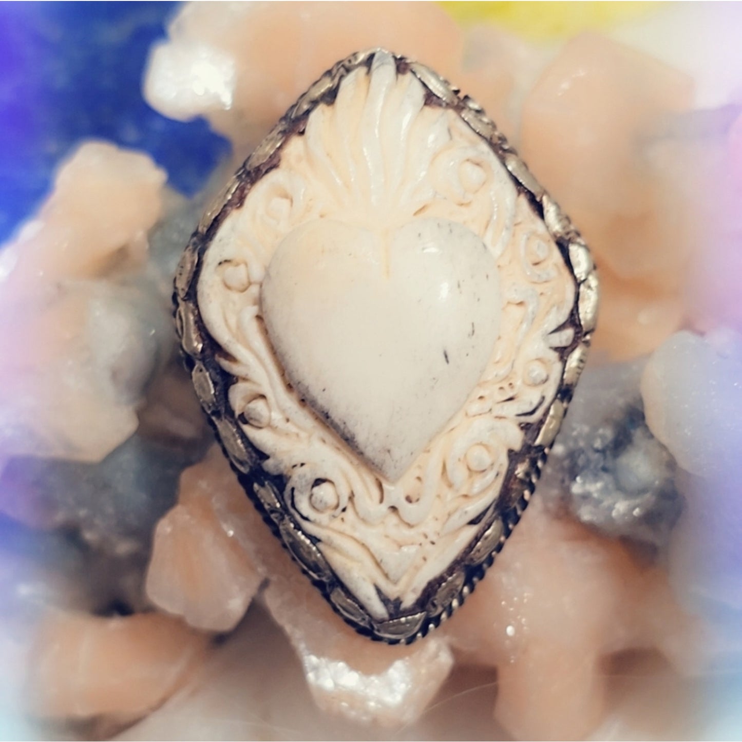 Sacred Heart ❤️ Carved Buffalo Bone Handcrafted Tibetan Ring