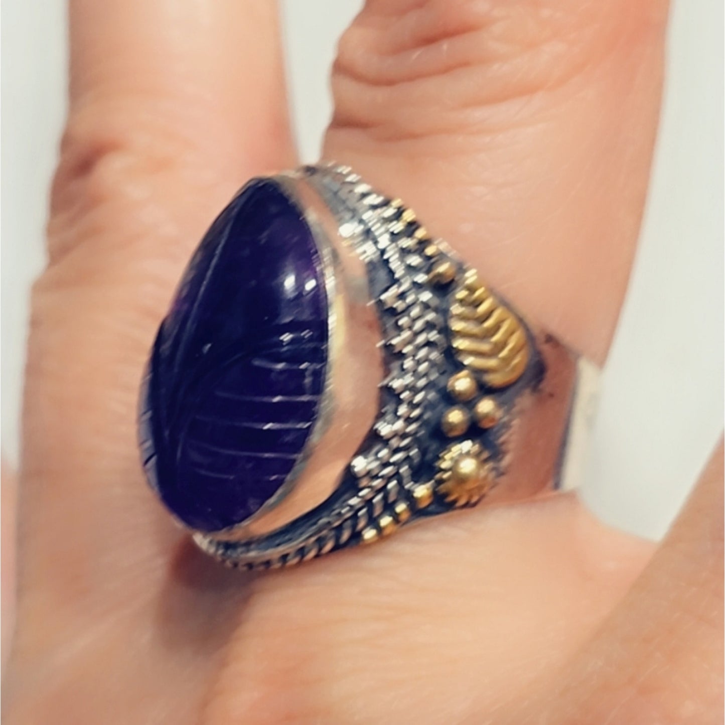 Carved Amethyst Custom Made Sterling Silver Gemstone Ring