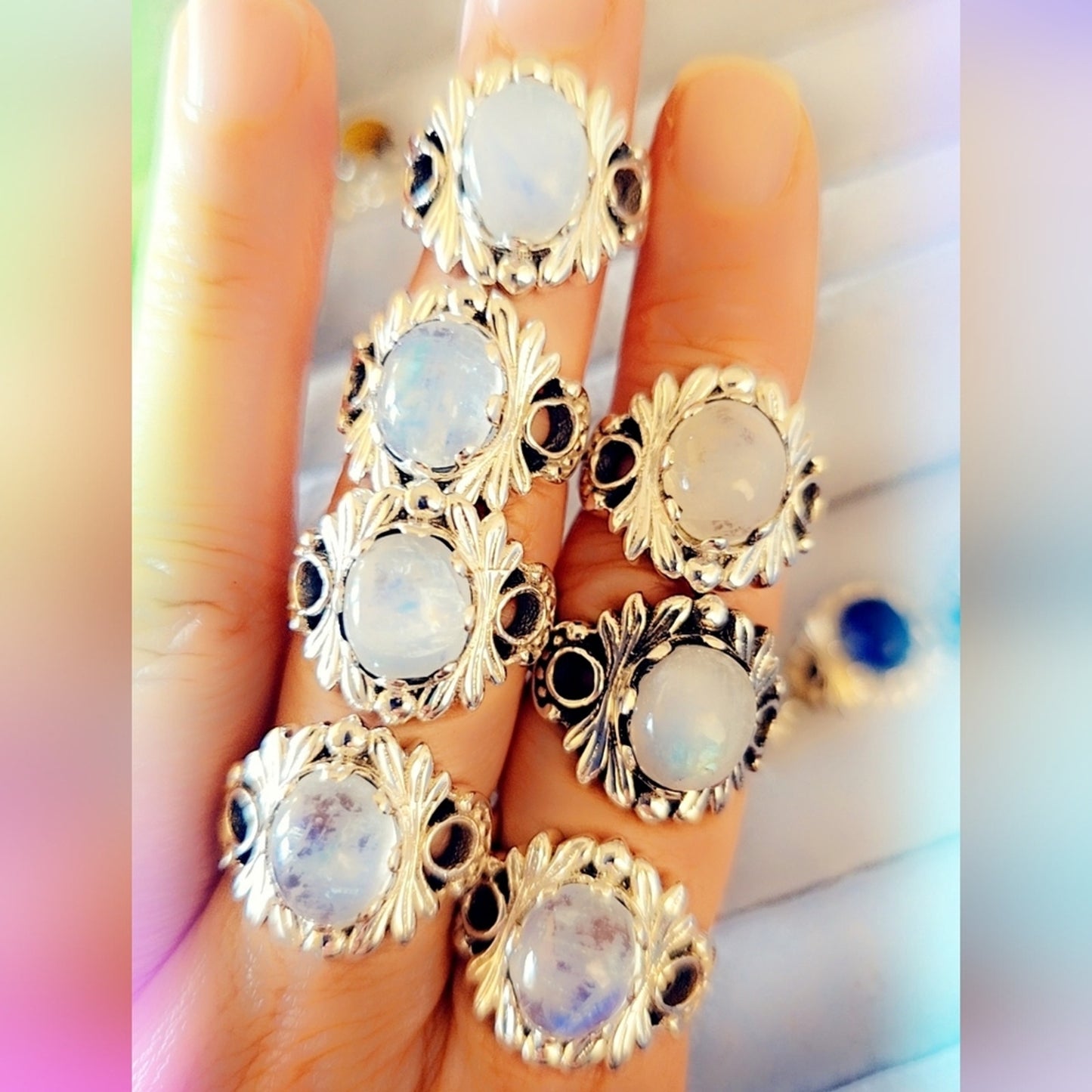 Fairy 🧚♂️ Band Sterling Silver Rainbow Moonstone Gemstone Ring
