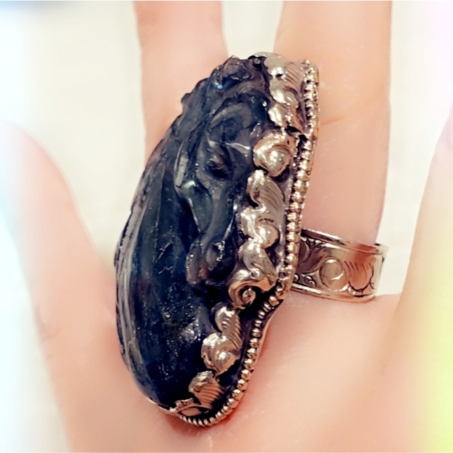HUGE Carved Unicorn Labradorite Handcrafted Tibetan Ring