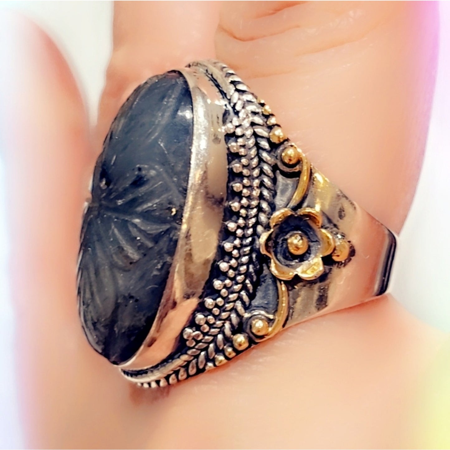 Carved Labradorite Custom Made Sterling Silver Gemstone Ring