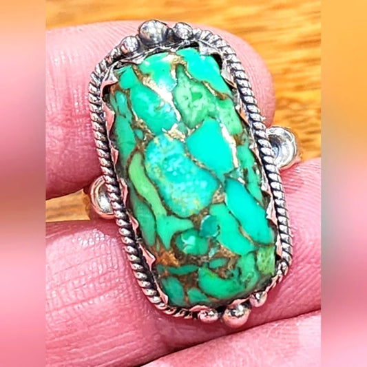 925 Solid Sterling Green Turquoise Ring Sz 10