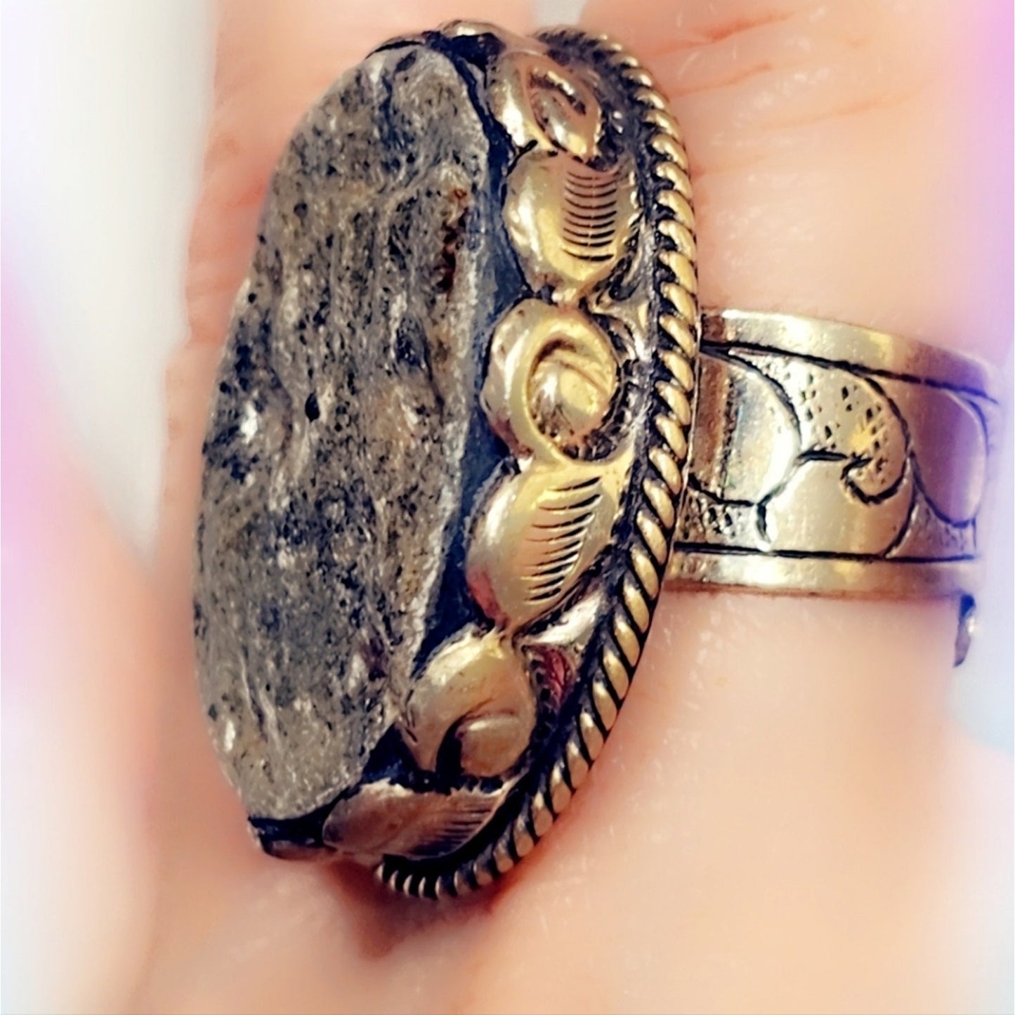 Pyrite Ring Carved Handcrafted Tibetan Ring