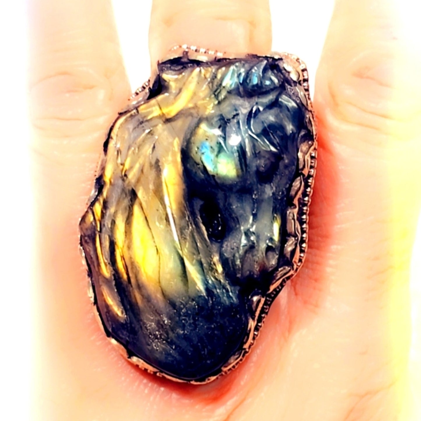 HUGE Carved Unicorn Labradorite Handcrafted Tibetan Ring