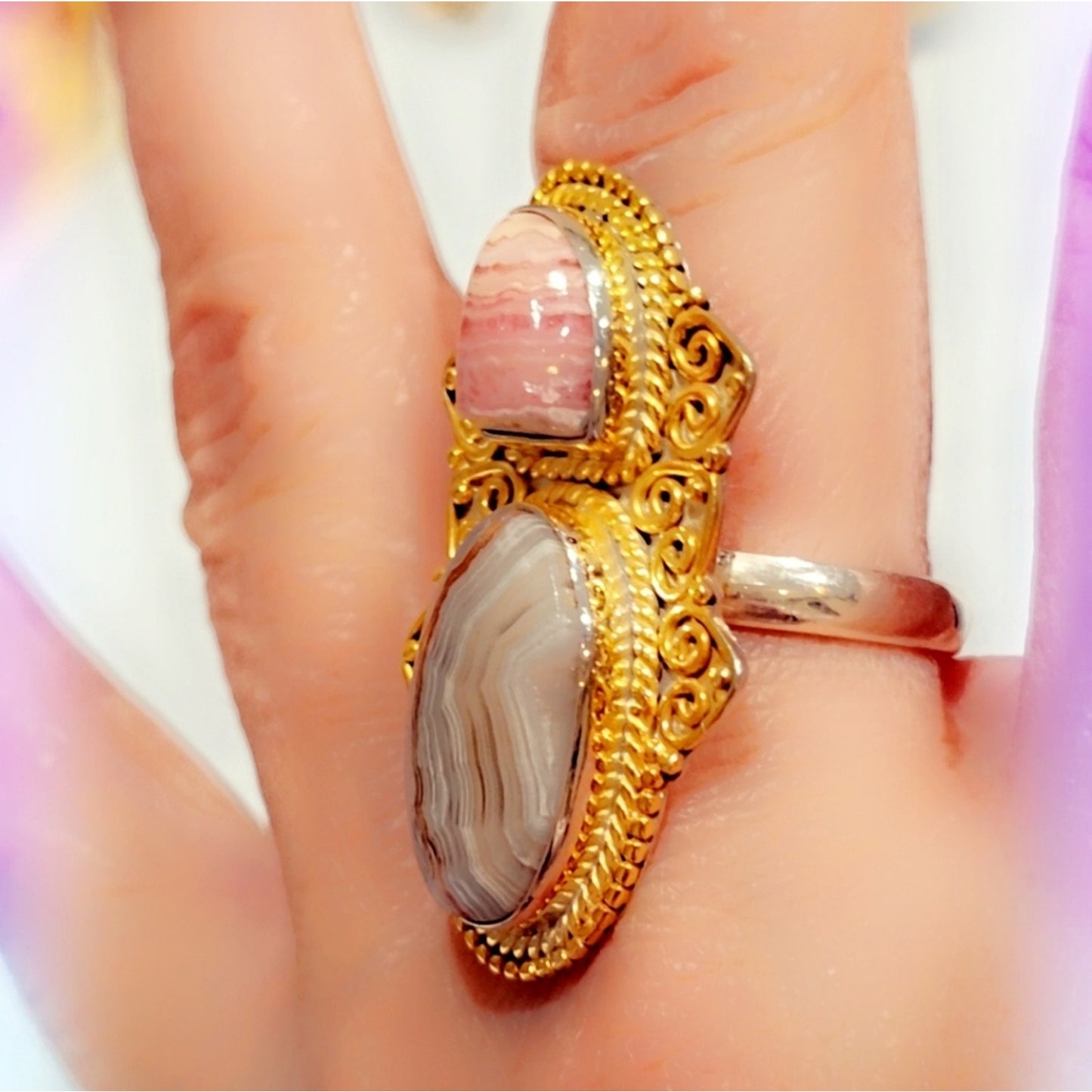 Crazy Lace & Rhodochrosite Sterling Double Stone Gemstone Ring