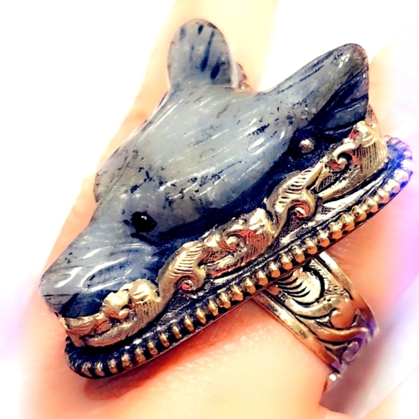 Labradorite Carved Wolf Ring Handcrafted Tibetan Ring