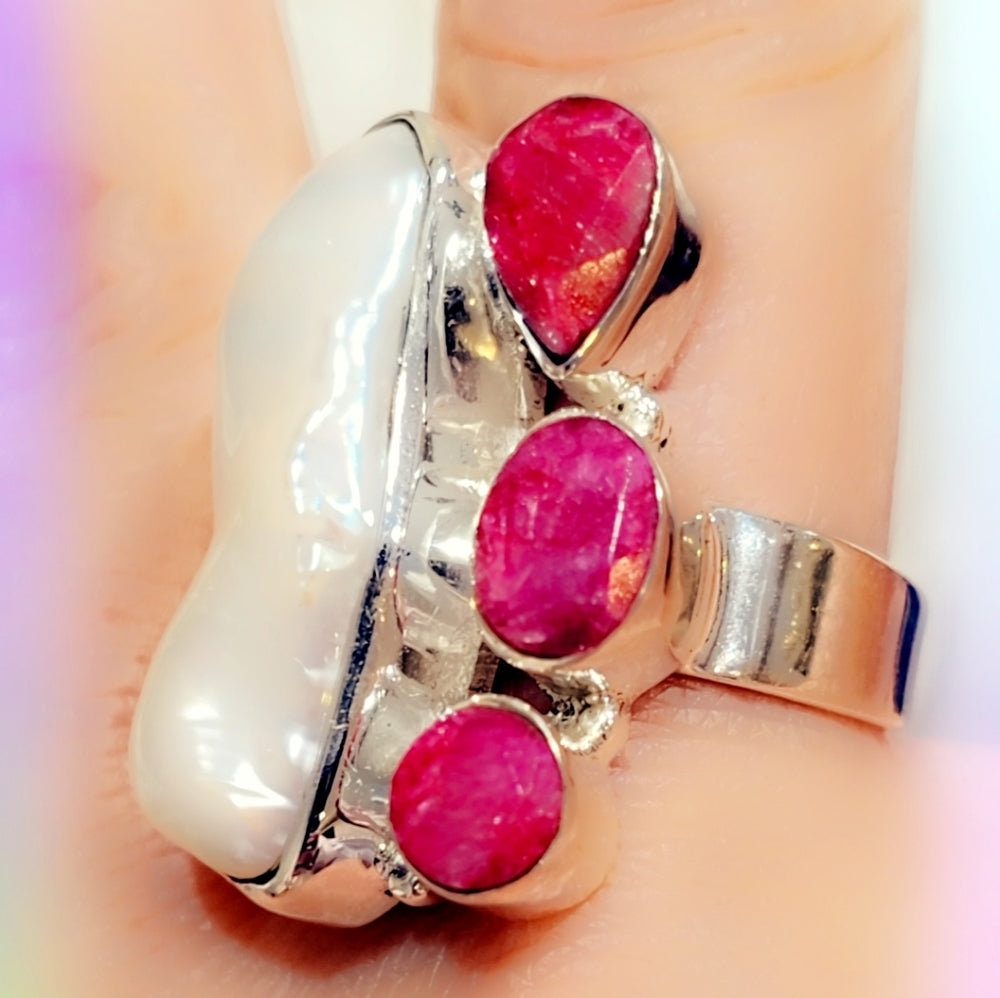Pearl & Ruby Solid Sterling Silver 925 Gemstone Ring