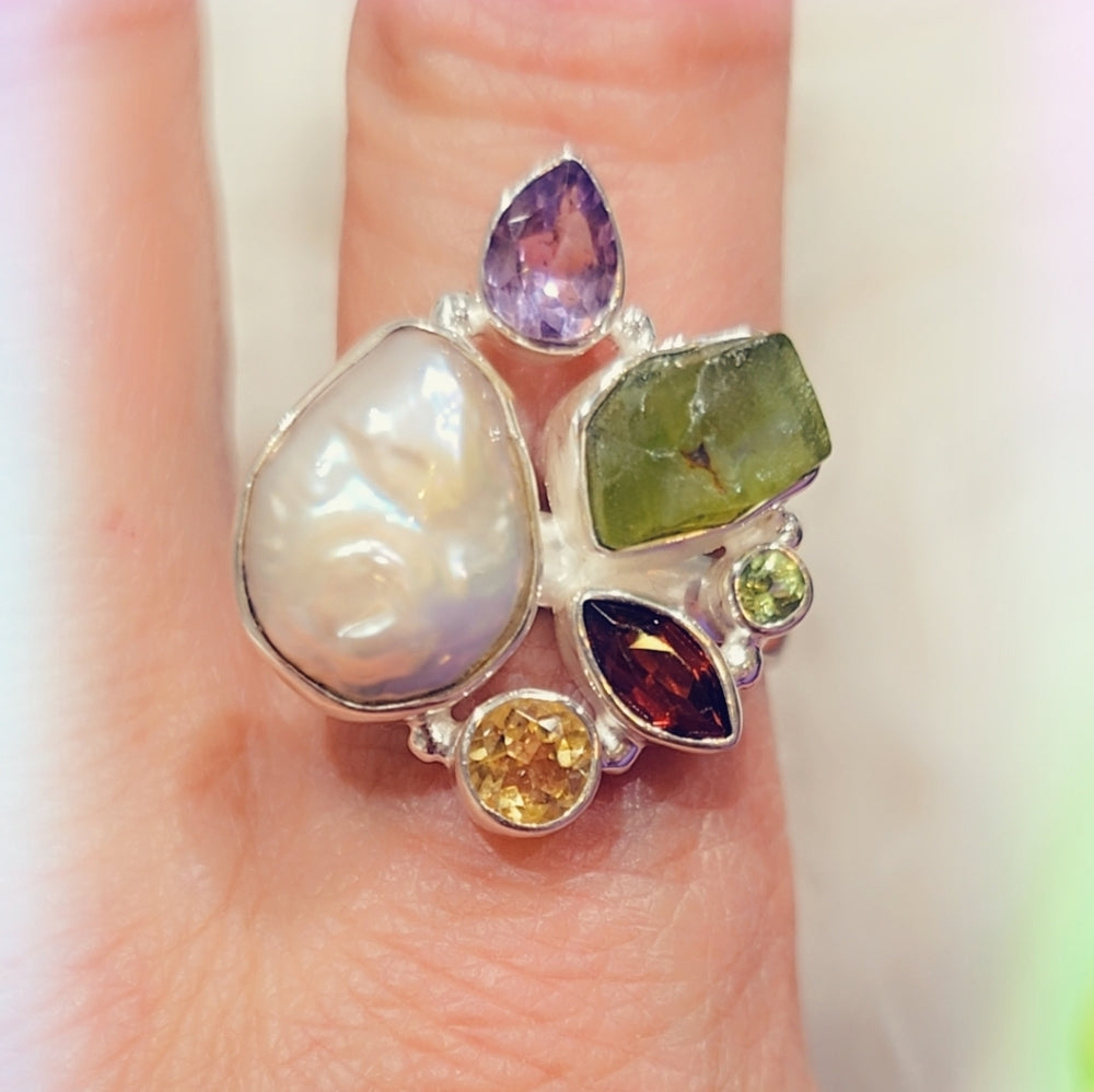Multi Stone & Pearl Solid Sterling Silver 925 Gemstone Ring