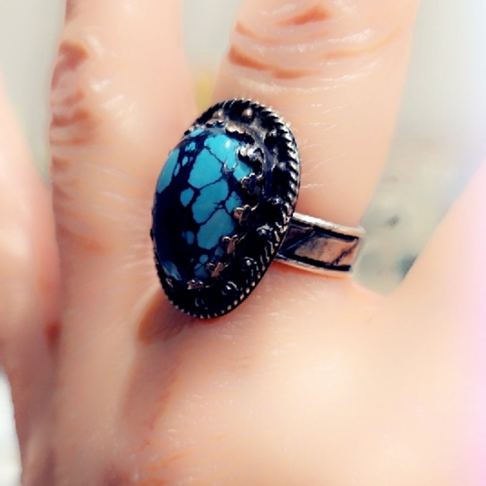 Custom Turquoise Sterling Solid Silver Gemstone Ring Sz 7¾