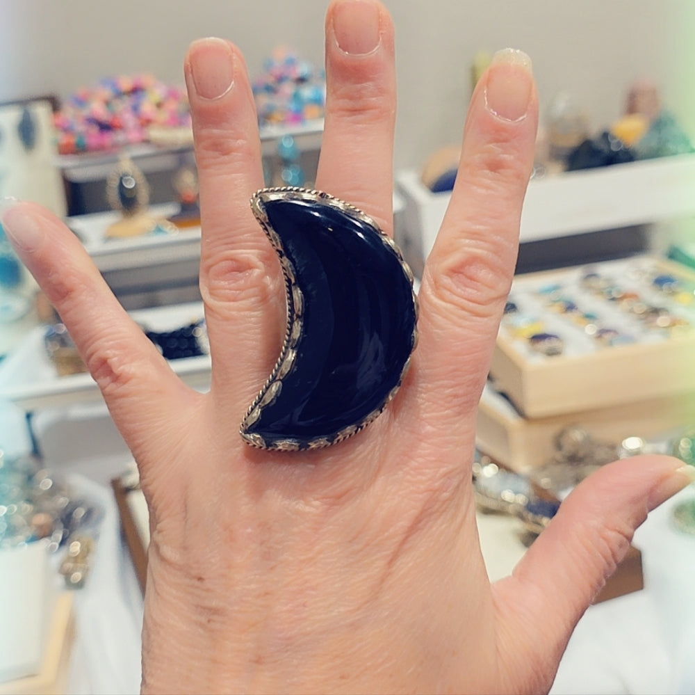 Sheen Obsidian Moon Handcrafted Tibetan Ring