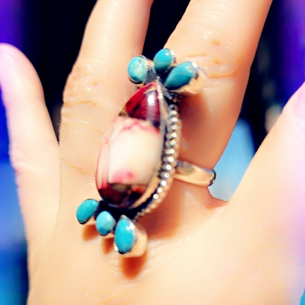 Red Rose Dahlia Turquoise Sterling Gemstone Ring