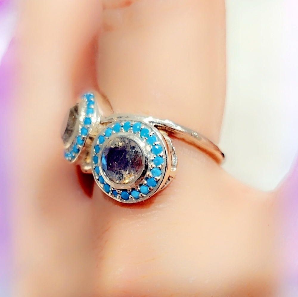 Faceted Labradorite & Turquoise Gemstone Sterling Silver Ring