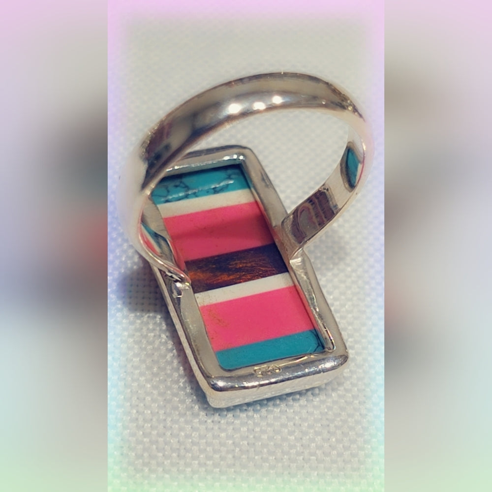 Opal & Turquoise Sterling Gemstone Ring Sz 7