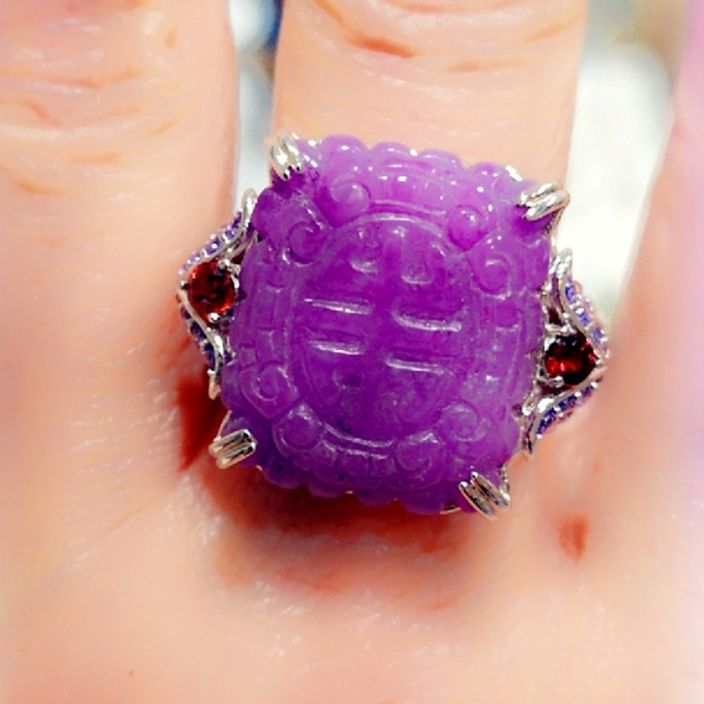 Lavender Jade & Garnet Sterling Gemstone Ring Sz 7
