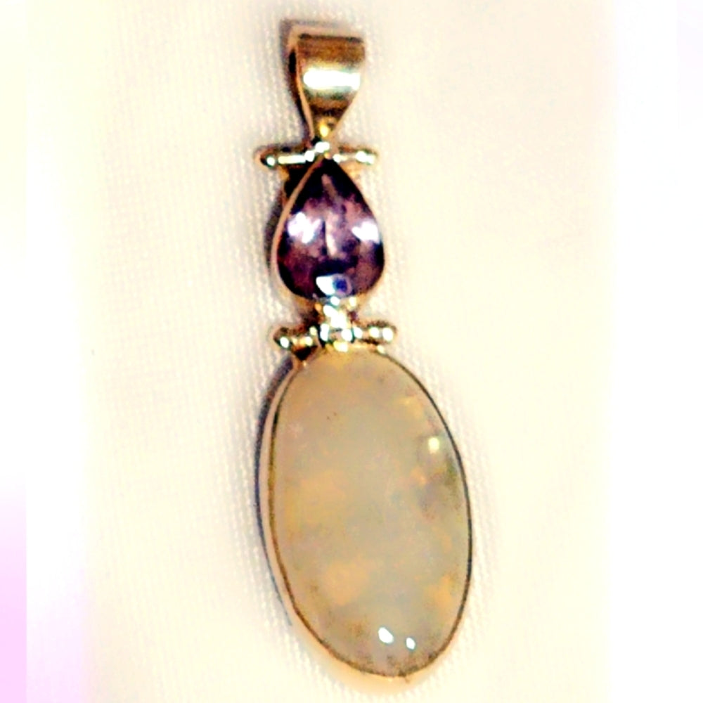 Rainbow Moonstone & Amethyst Sterling Silver Pendant