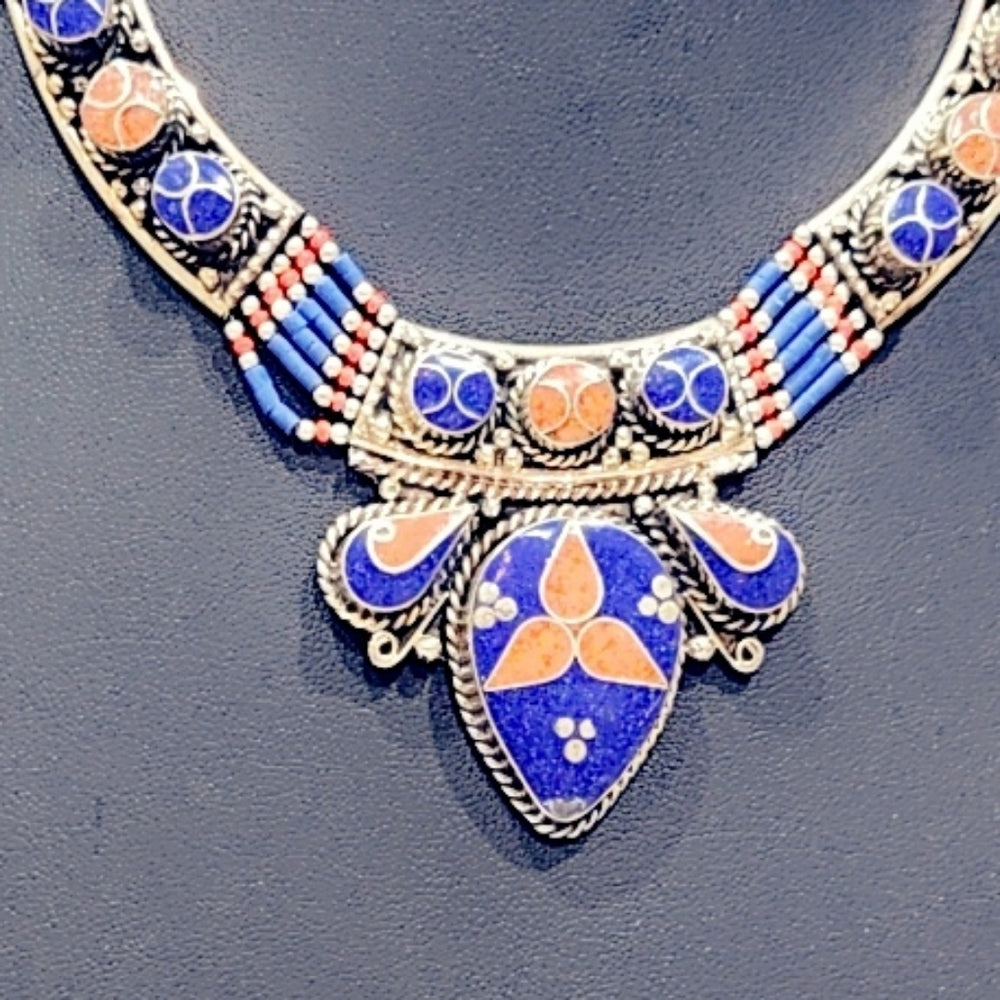 Hand Crafted Tibetan Lapis & Coral Necklace