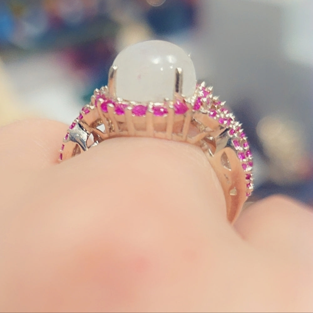 Moonstone & Ruby Gemstone Sterling Silver Ring