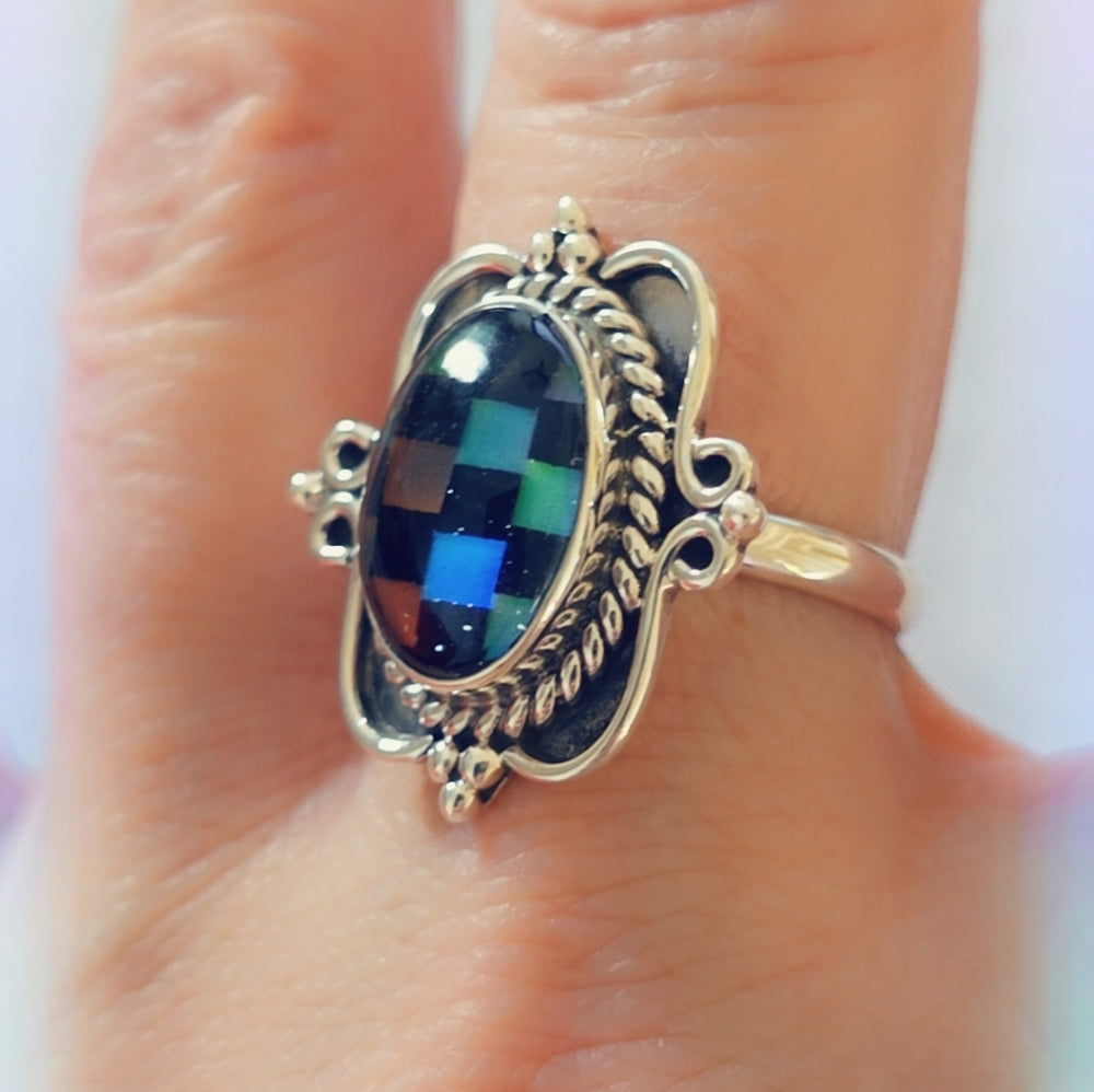 Checkerboard Opal Sterling Gemstone Ring Sz. 7