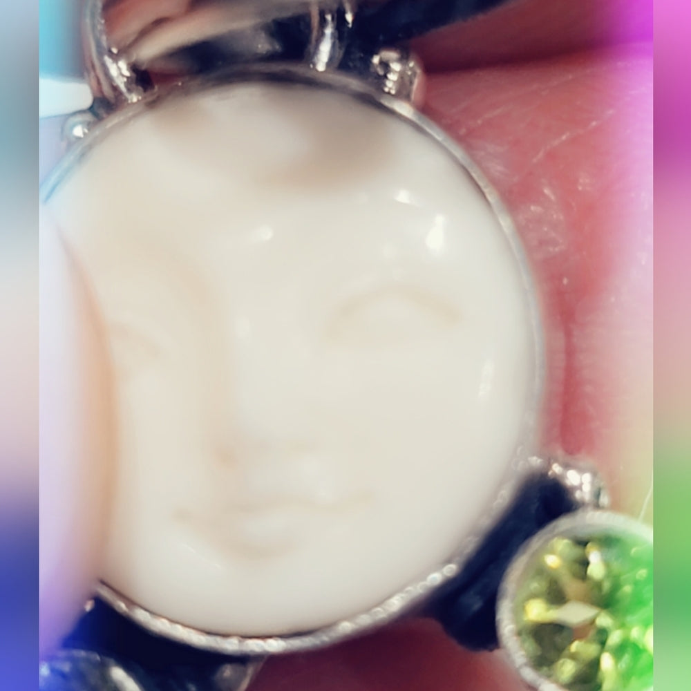 Peridot, Garnet, Carved Shell Multi Stone Sterling Silver Pendant