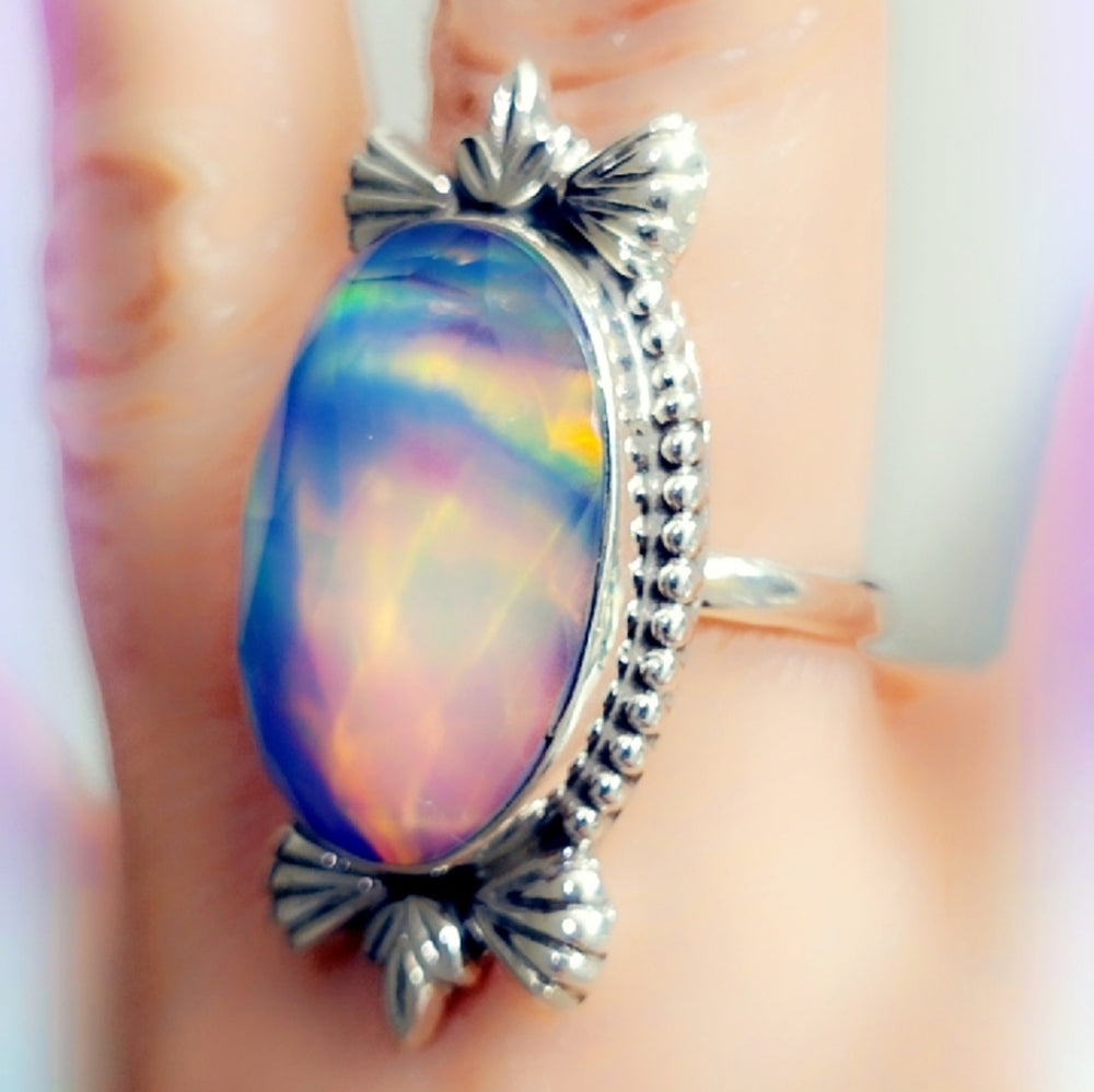 Faceted Aurora Opal Sterling Gemstone Ring Sz. 9 1/4