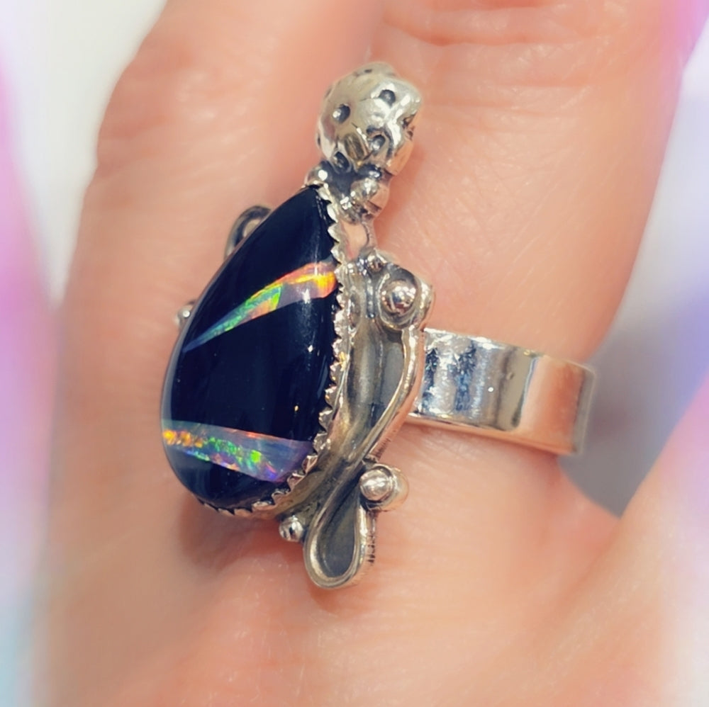 Opal & Onyx Sterling Gemstone Ring