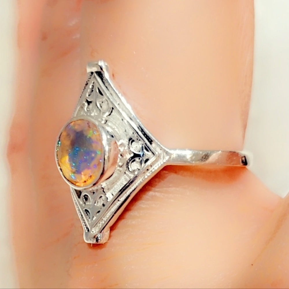 Faceted Ethiopian Opal Gemstone Sterling Silver Ring