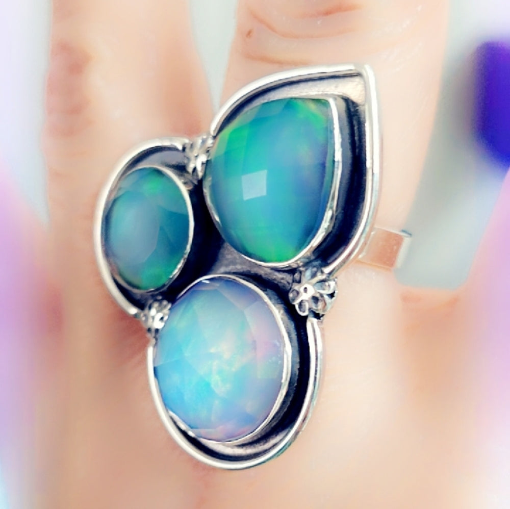 Faceted Aurora Opal Sterling Gemstone Ring