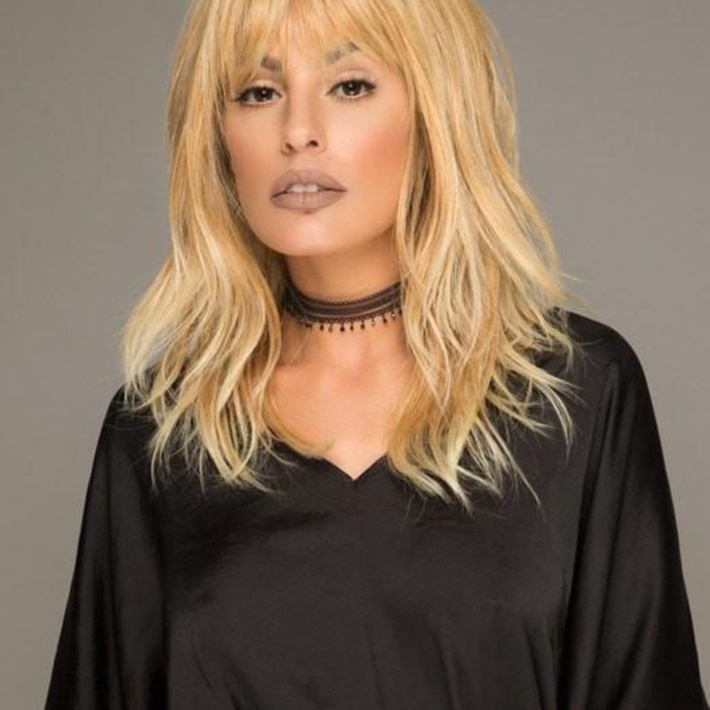 Brown w/Hilite NEW WIG, layered & textured style with Mono Part HEAT FRIENDLY