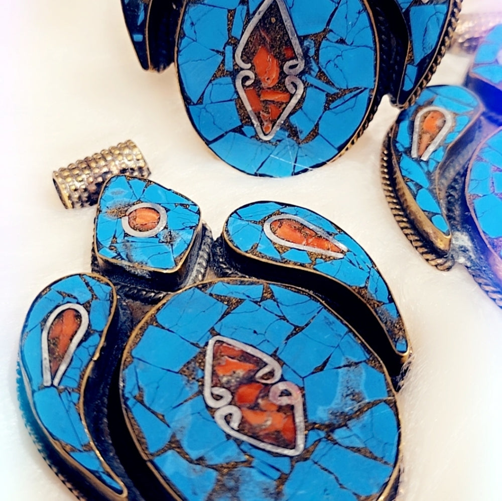 Turquoise & Coral Tibetan Pendant