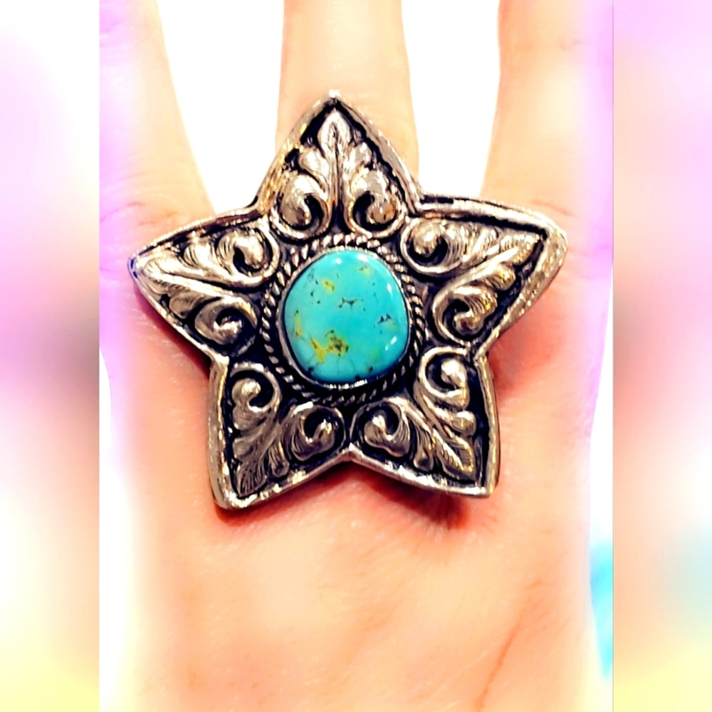 Huge Star Turquoise Handcrafted Tibetan Ring