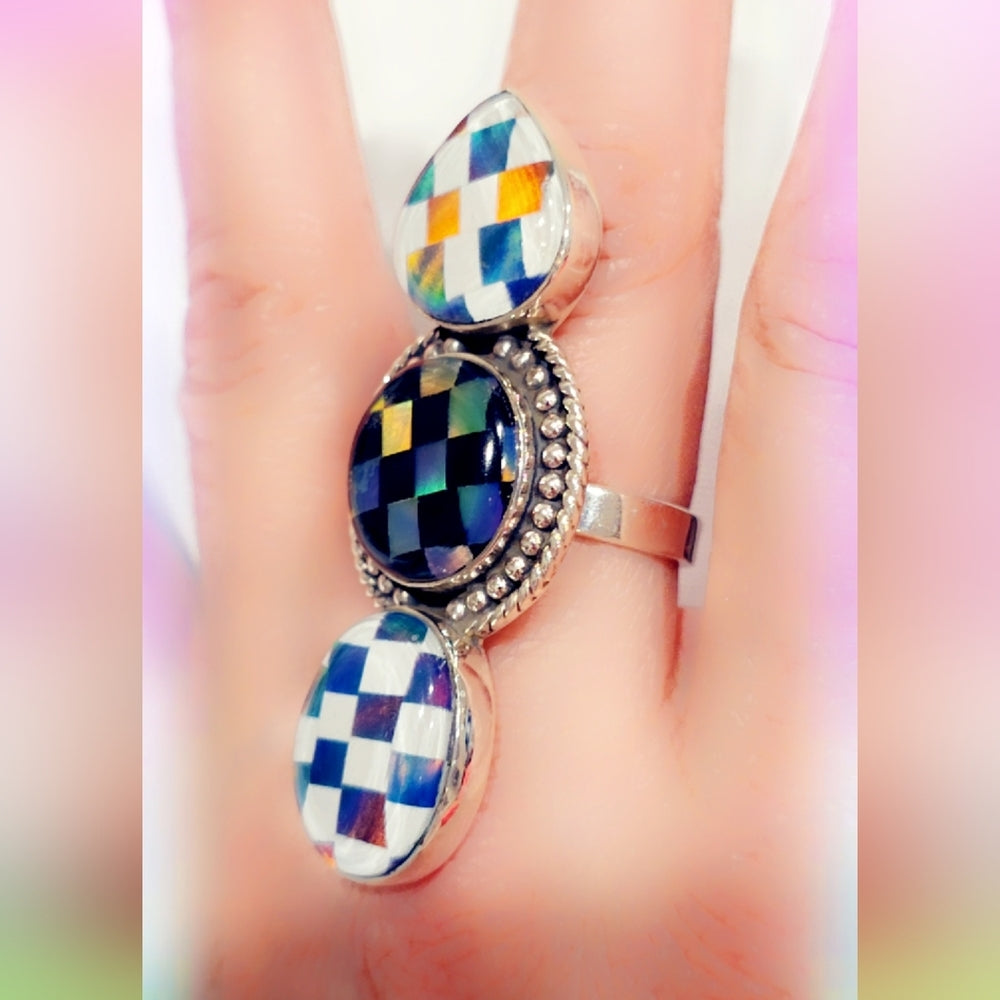 Checkerboard Opal Sterling Gemstone Ring