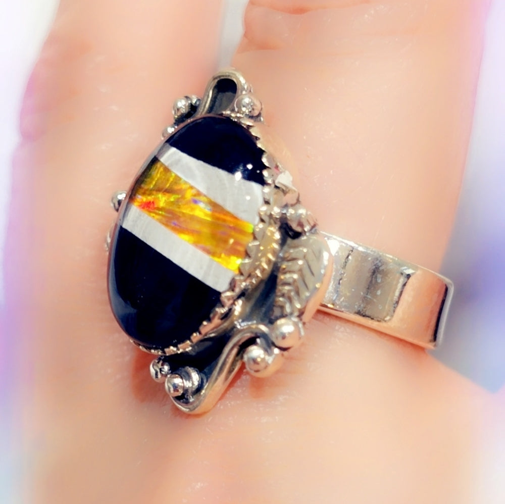 Opal & Onyx Sterling Gemstone Ring