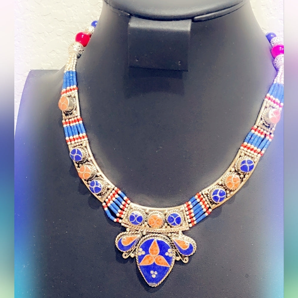 Hand Crafted Tibetan Lapis & Coral Necklace