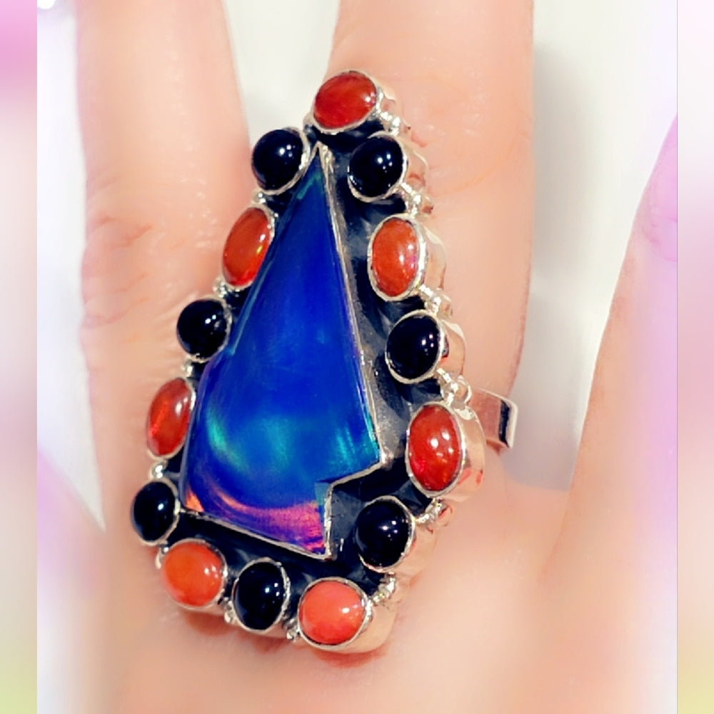 Aurora Opal, Carnelian & Onyx Lightning Bolt Sterling Gemstone Ring