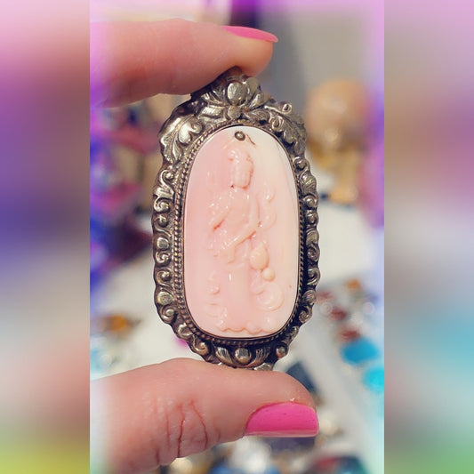 Pink Conch Carved  Handcrafted Tibetan Pendant