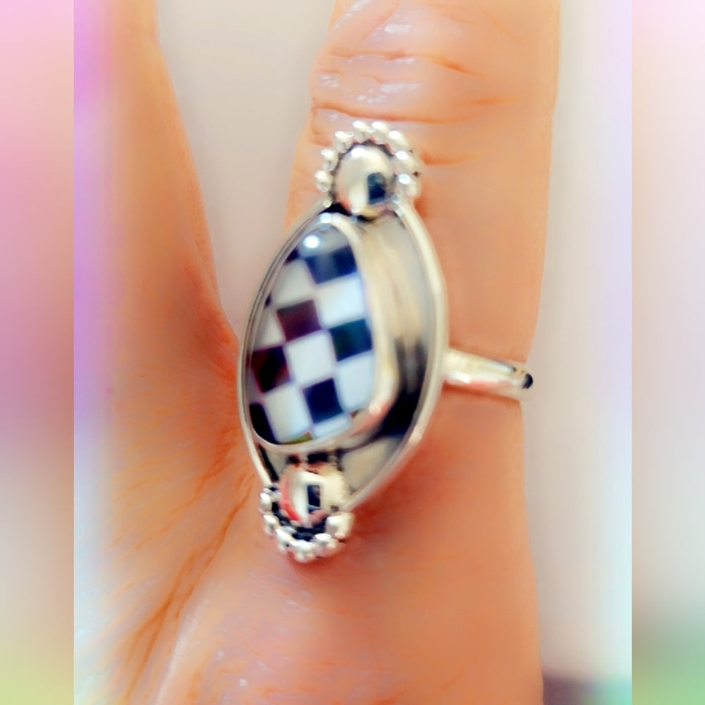 Checkerboard Opal Sterling Gemstone Ring Sz 8 1/2