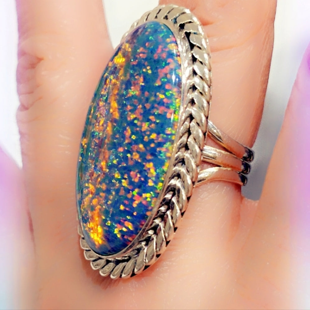 Huge Opal Sterling Silver Gemstone Ring