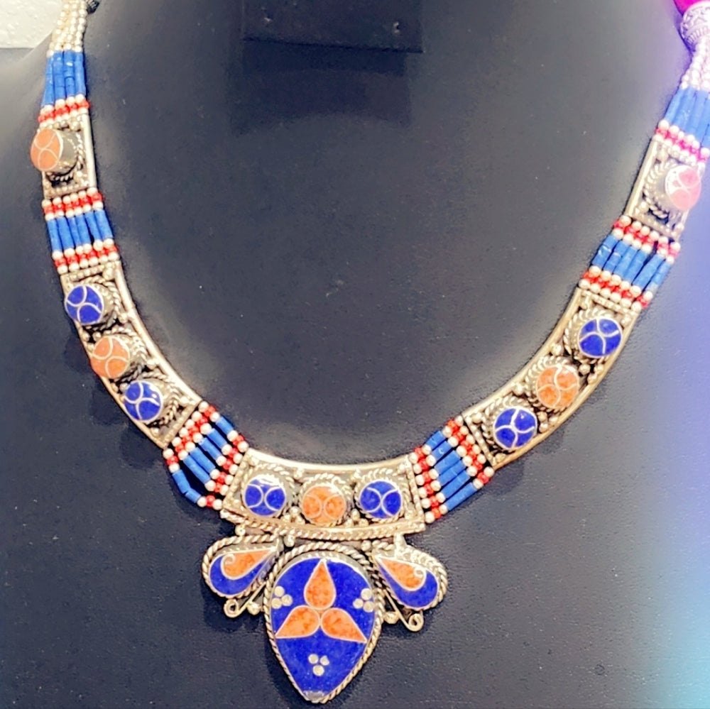 Hand Crafted Tibetan Lapis & Coral Necklace
