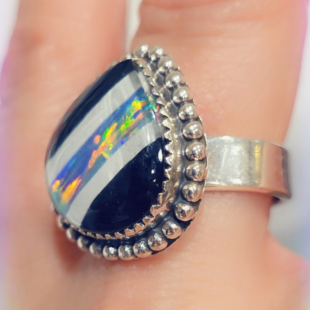 Opal & Onyx Sterling Gemstone Ring
