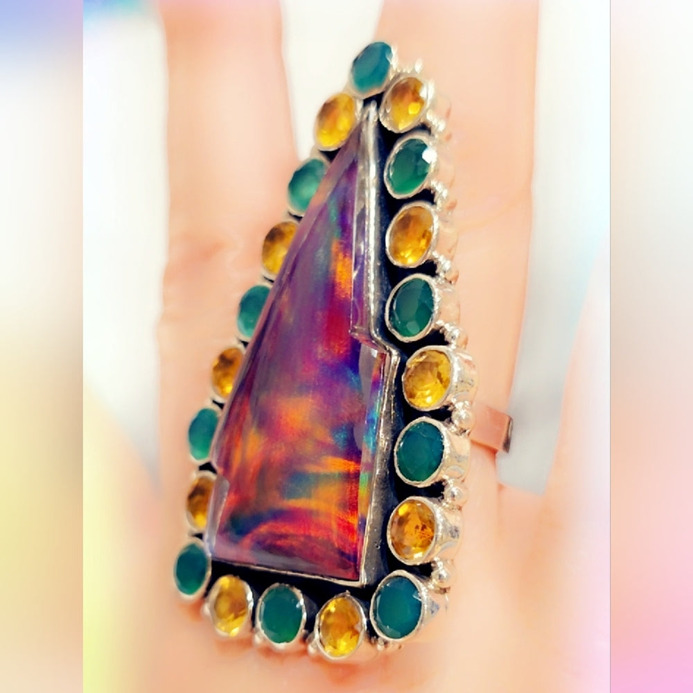 Aurora Opal Lightning Bolt Sterling Gemstone Ring