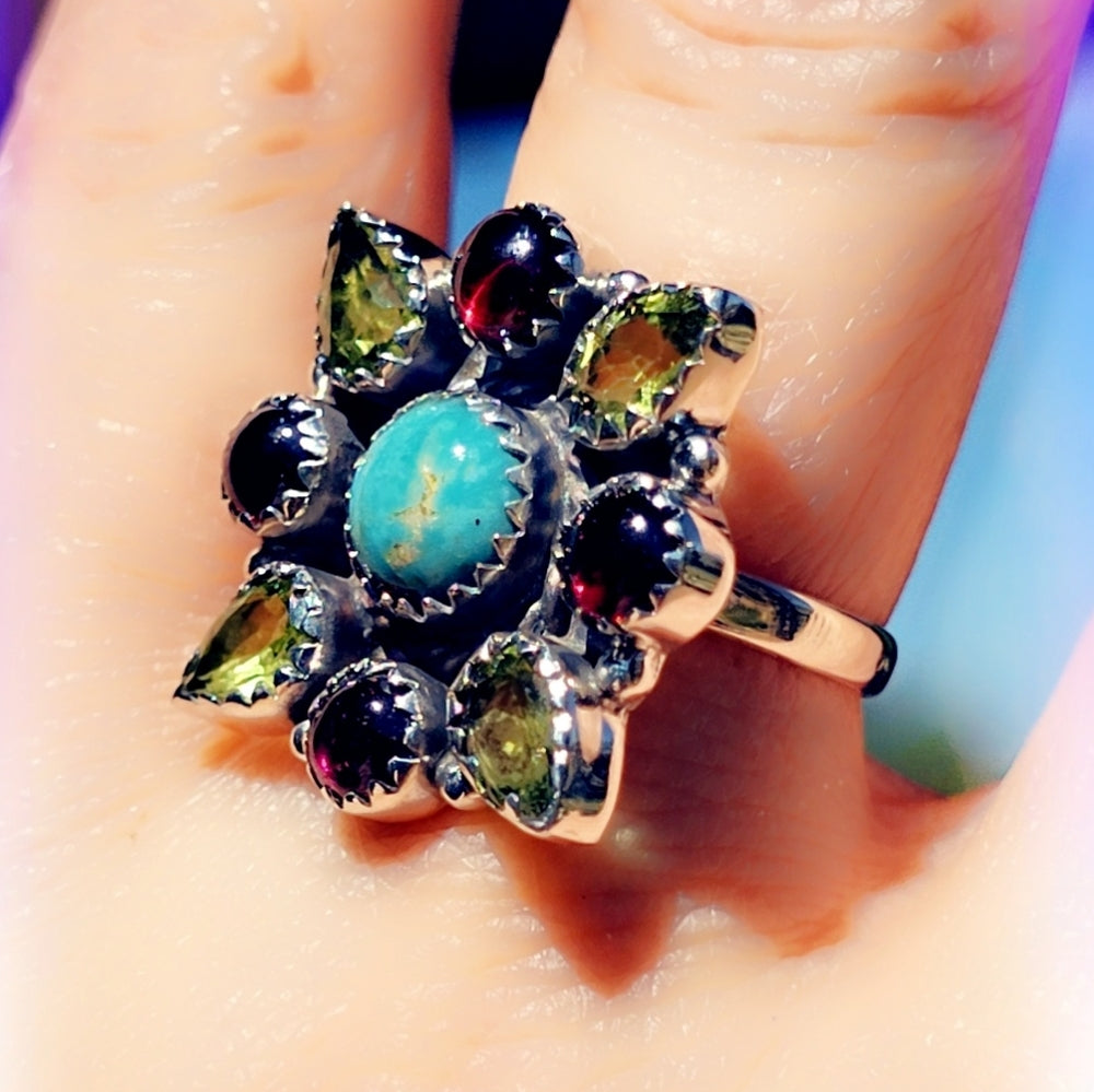 Garnet, Peridot & Turquoise Sterling Gemstone Ring