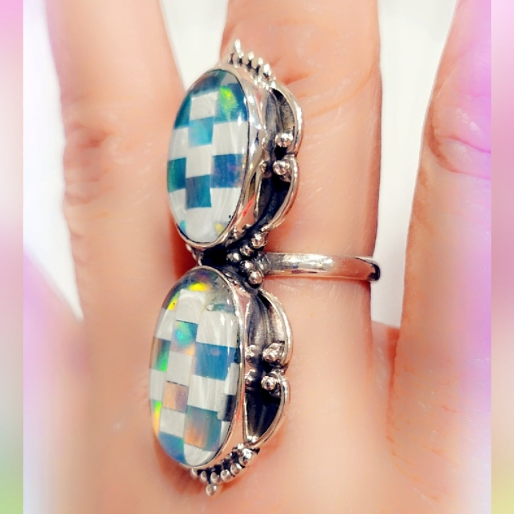 Checkerboard Opal Sterling Gemstone Ring Sz 8 1/2