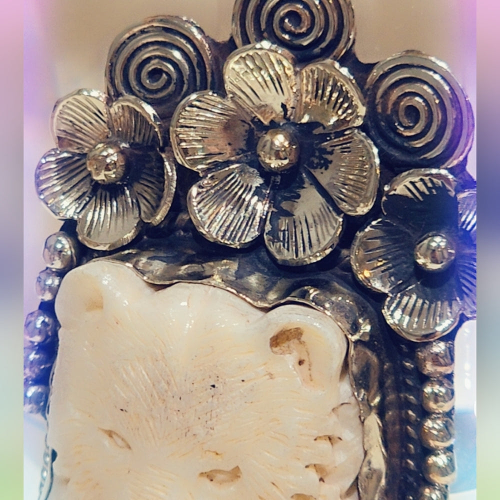 Goddess & Bear Carved Bone Tibetan Pendant
