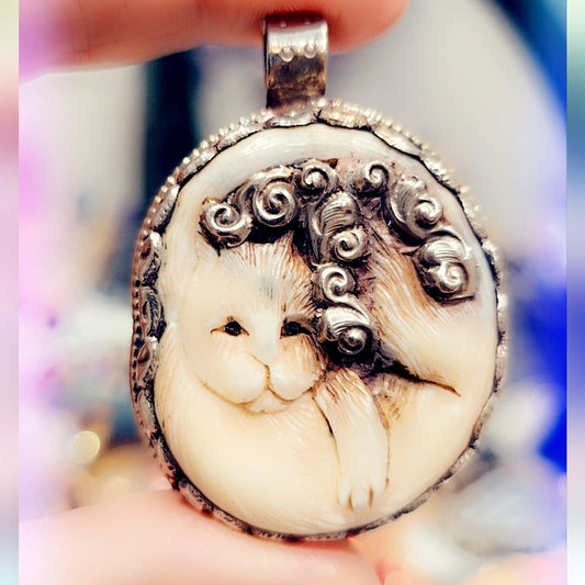 Cat Carved Buffalo Bone Handcrafted Tibetan Pendant