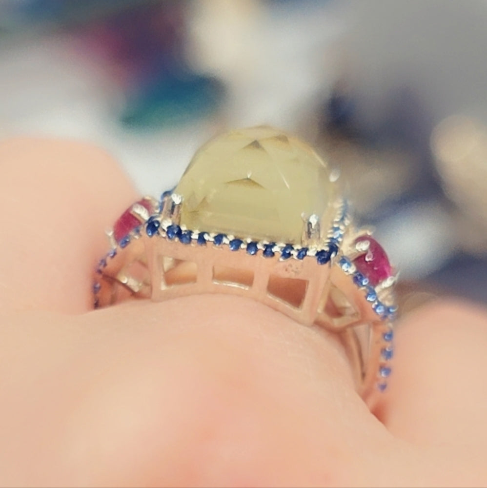 Faceted Citrine, Garnet & Ruby Gemstone Sterling Ring