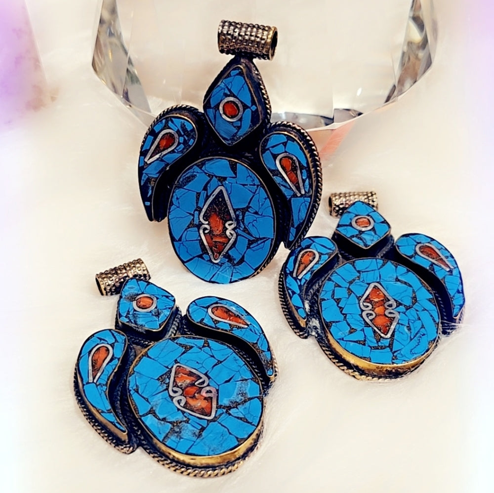 Turquoise & Coral Tibetan Pendant