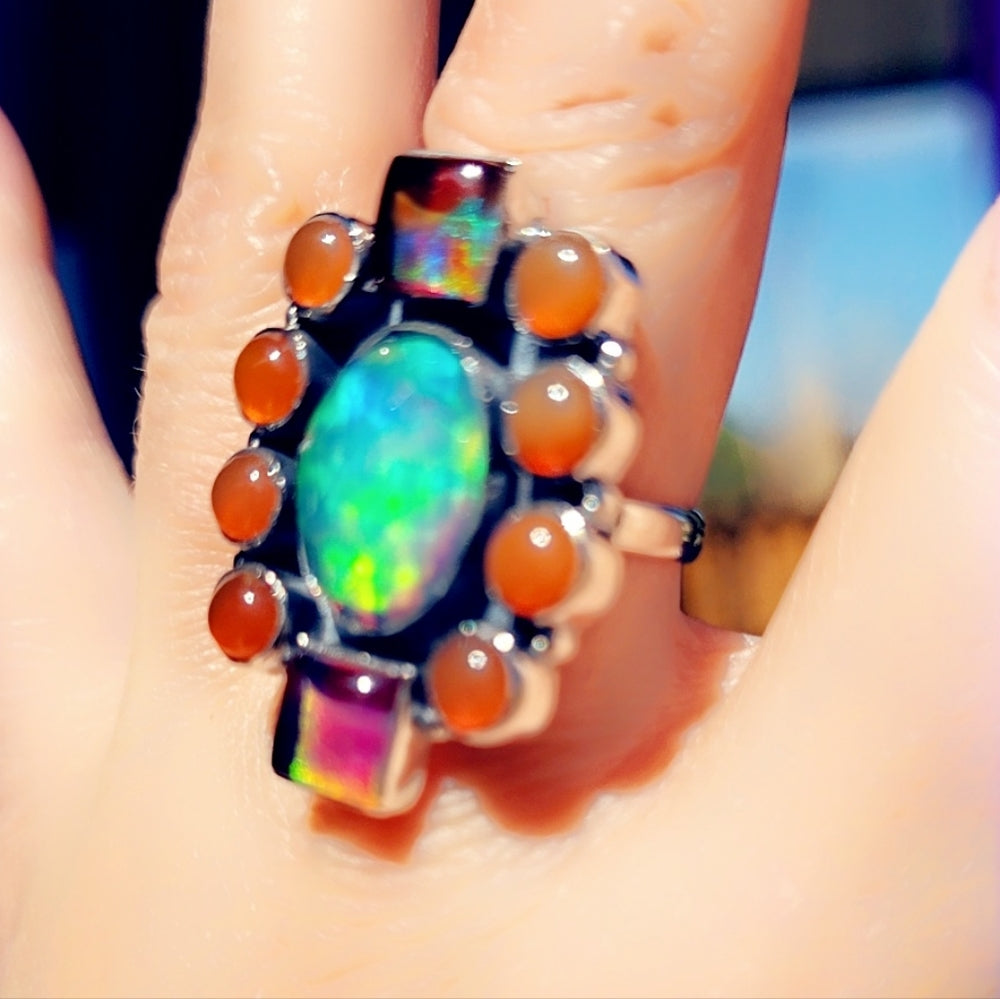 Aurora Opal & Carnelian Sterling Gemstone Ring
