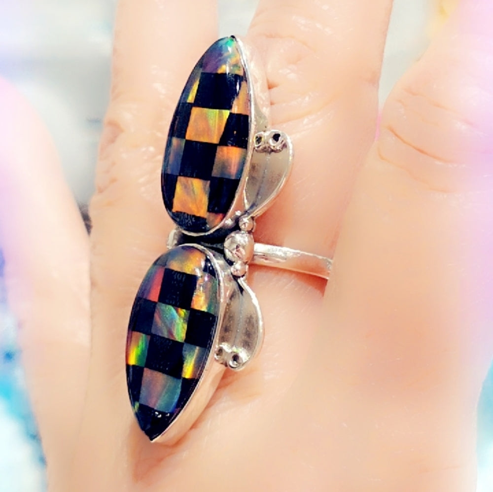 Checkerboard Opal Sterling Gemstone Ring sz 8 1/2