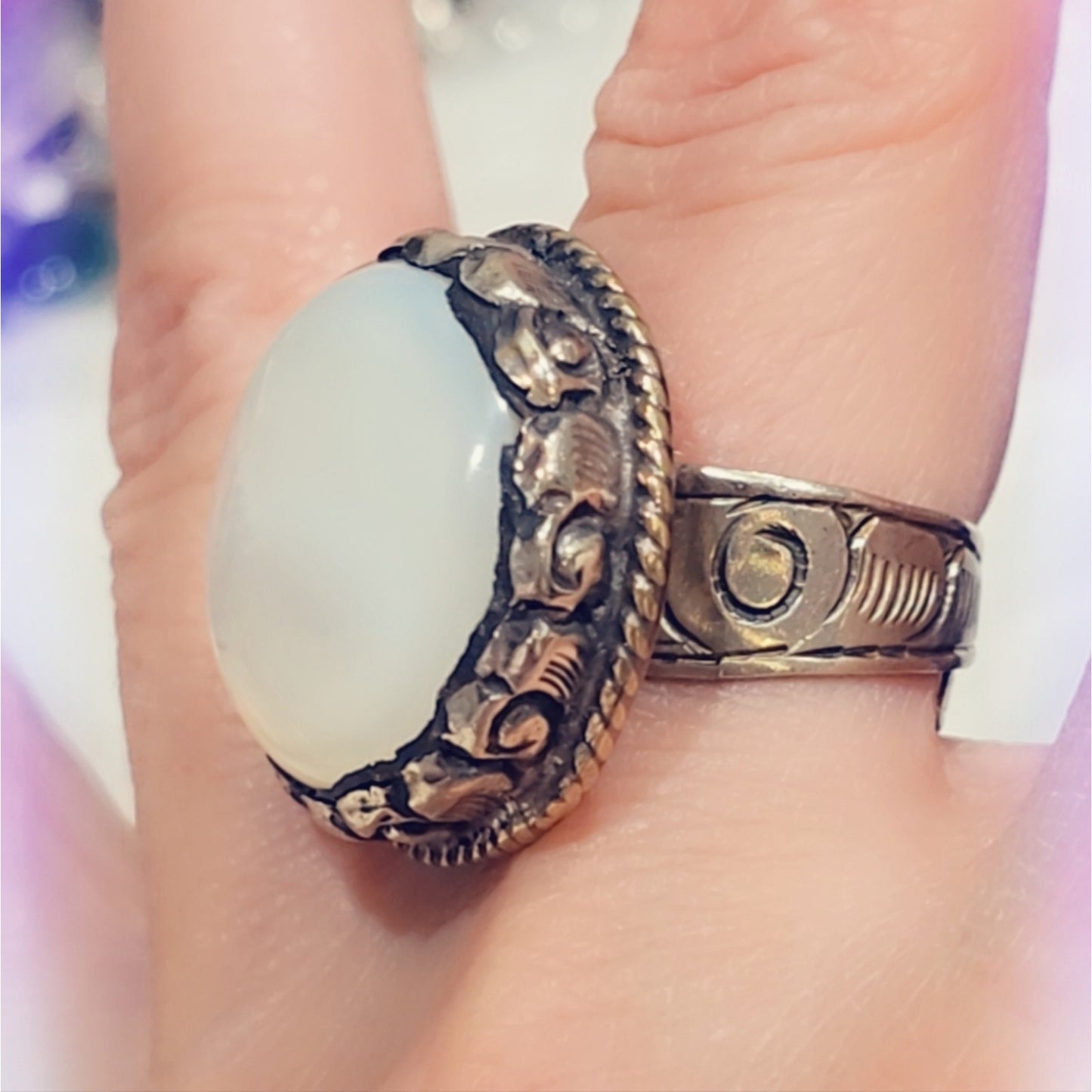 Mother Of Pearl Ring Carved Handcrafted Tibetan Ring