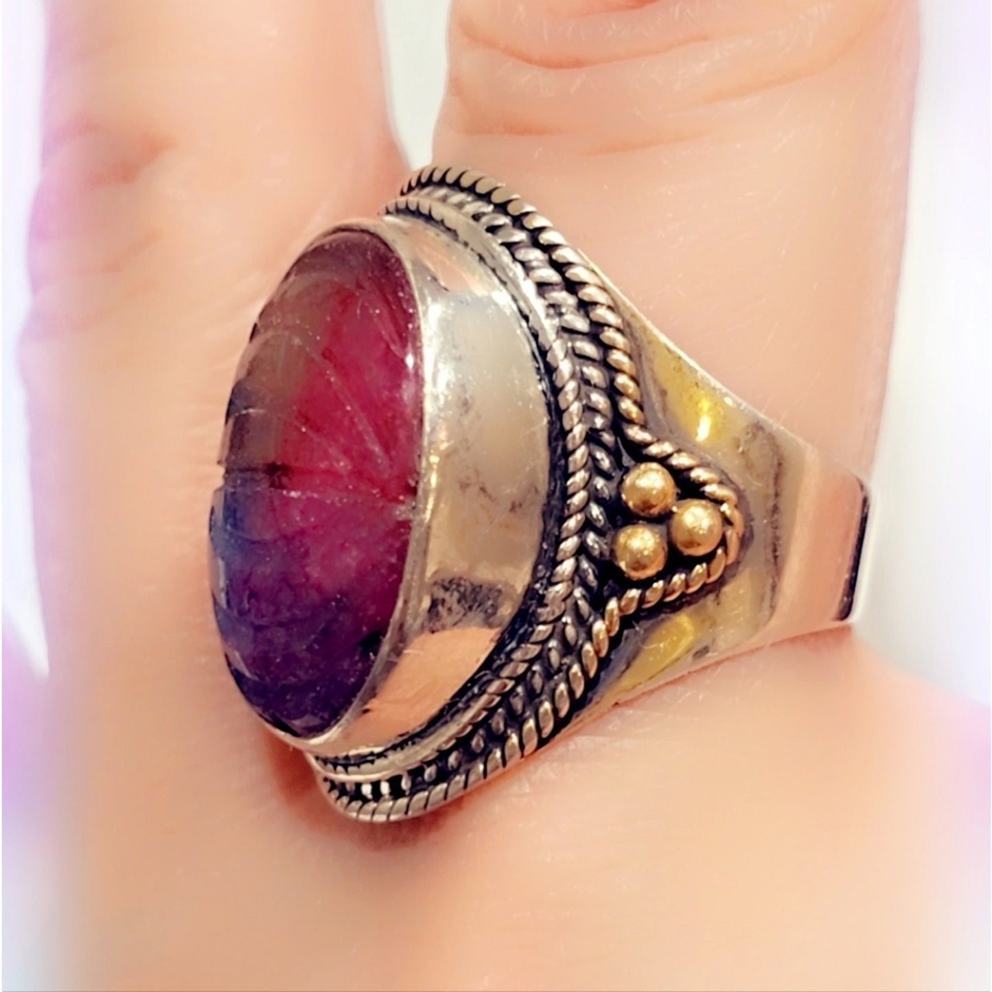 Carved Rainbow Agate Sterling Silver 925 Gemstone Ring